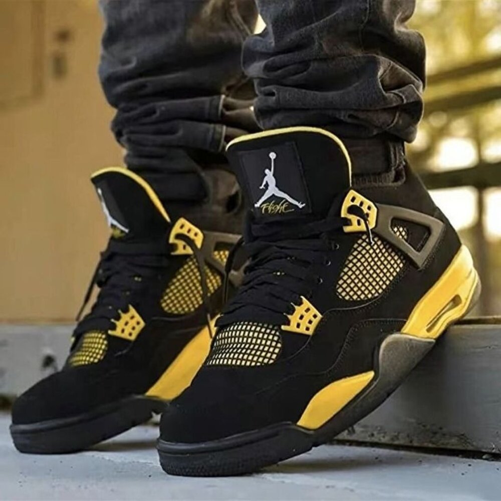 AUTHENTIC Air Jordan 4 Retro Thunder Black & Tour Yellow Sneakers • Women's 8.5 - Picture 1 of 16